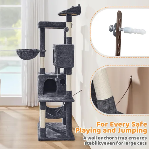 Vista 8 de Yaheetech - Árbol para gatos de 64.5 pulgadas con poste rascador, cama para gatos con cubierta de felpa y hamaca, plataforma, percha para gatos