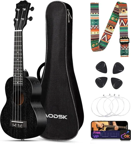 AODSK Ukelele negro de concierto para principiantes de 23 pulgadas con correa para bolsa de concierto, cuerda de nailon, 4 púas, regalo de vacaciones