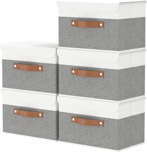 Vista 23 de OUTBROS Cajas de almacenamiento, contenedores de almacenamiento plegables con tapas, cestas de almacenamiento de tela de algodón y lino con asa