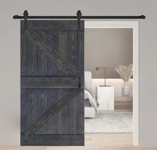 Vista 28 de Serie K. Puerta corredera de granero de madera maciza acabada con kit de herrajes (marrón/nogal, 24 x 84 pulgadas)