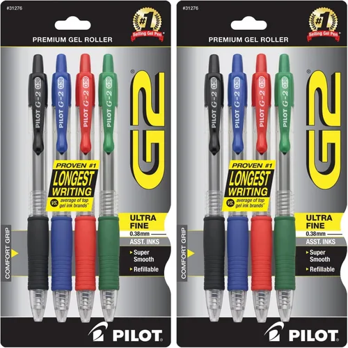 PILOT, G2 Premium - Bolígrafos de gel de punta ultrafina de 0.015 in, negro, azul, verde, rojo, (paquete de 8)
