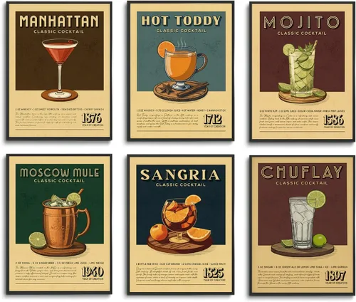 Fetyiu Vintage Cocktail Poster - Bar Cart Accessories and Decor,Retro Cocktail Wall Art, Funky Drink Aesthetic Pictures, Colorful Preppy Bar Art