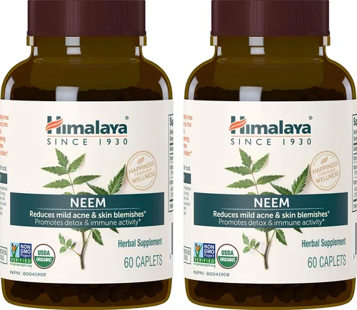 Himalaya Suplemento de hierbas orgánicas de neem, para acné suave y piel clara, purificante, ayurvédico, certificado orgánico por USDA, sin OMG,