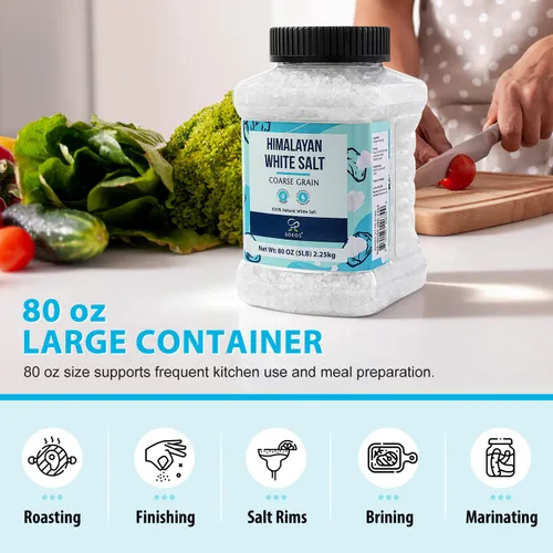 Vista 5 de Soeos Himalayan White Salt, Coarse Grain, 80 oz (5 lb / 2.25 kg), Natural Crystal Salt for Grinder Refill, Cooking, Brining & Seasoning.