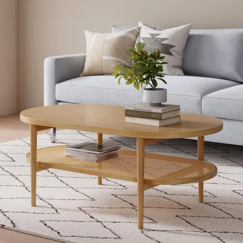 Vista 10 de Nathan James Asher Mid-Century - Mesa de centro rectangular con parte superior de cristal y estante de almacenamiento con acabado de madera con Negro