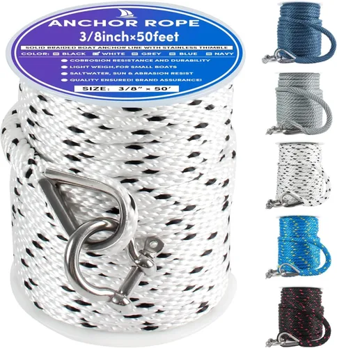 Vista 42 de Cuerda de anclaje premium de 50 pies x 1/2 pulgadas, línea de anclaje trenzada sólida MFP para barco con dedal y grillete - Negro