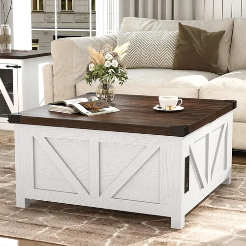 Vista 9 de jimeimen - Mesa de centro elevable de estilo granja con almacenamiento, mesa central cuadrada de madera con estación de carga y puerto USB, mesa