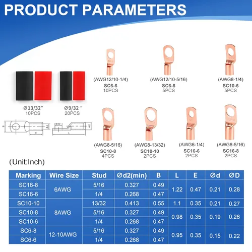 Vista 4 de 60 piezas de lengüetas de alambre de cobre, extremos de cable de batería AWG 4 6 8 10 12 calibre con juego de tubo termorretráctil, conectores