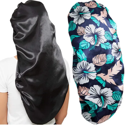 Vista 19 de 2 gorros para el cabello para mujer, de satén, banda elástica suave, gorro de dormir sedoso, gorro grande para mujer, gorro para trenzas