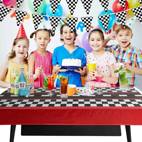 Vista 4 de Mantel de auto de carreras, suministros de decoración de cumpleaños con temática de automóvil, camino de mesa rectangular de plástico