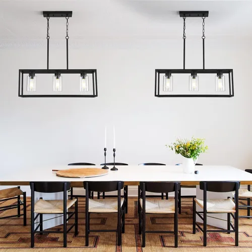 Vista 6 de Lámpara de comedor negra de 3 luces, candelabros modernos de granja, iluminación rectangular lineal para isla de cocina, iluminación colgante