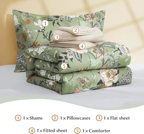 Vista 6 de CASAAGUSTO - Juego de edredón de 5 piezas, diseño floral verde, juego de ropa de cama en una bolsa, con edredón botánico con mariposas, sábanas