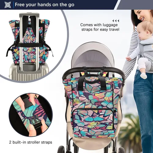 Vista 4 de Mochila para pañales con estampado de mariposas, bolsa de viaje de nailon con múltiples bolsillos para bebés con soportes para botellas, 11 x 15.3 x