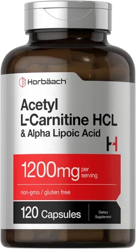 Horbäach Acetil L carnitina HCL y ácido alfa lipoico 1200 mg | 120 cápsulas | Complejo ALC ALA | Suplemento sin OMG y sin gluten