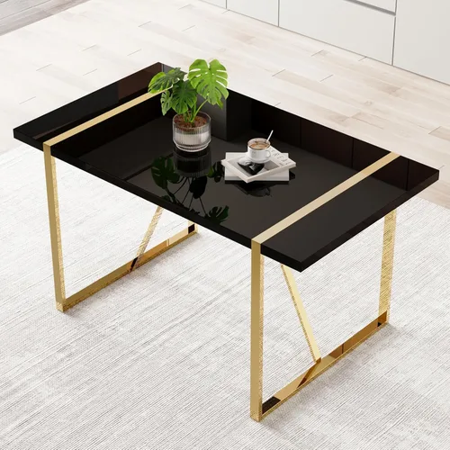 Mesa de comedor Ebullient para 4, mesa de comedor rectangular negra de MDF, tapa de mesa de cena de mármol falso, mesa de comedor moderna con marco