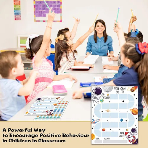 Vista 4 de Tabla de 20 recompensas de astronautas del espacio exterior con 432 calcomanías redondas, tabla de comportamiento de incentivos para niños