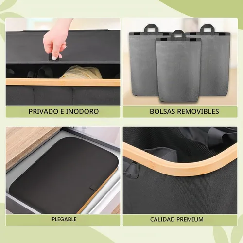 Vista 8 de Cesta de lavandería con tapa, cesta para ropa sucia de 160L, cesta de lavandería de 3 secciones, clasificador extra grande de 3 compartimentos