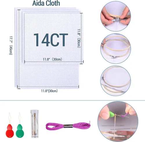 Vista 3 de LoDrid Kit de bordado, bolsa de almacenamiento redonda de doble capa con kit completo de herramientas de punto de cruz, kits de iniciación