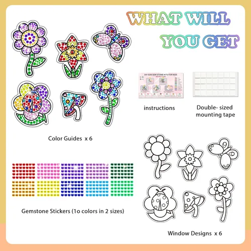 Vista 2 de atydkug Kits de manualidades de pegatinas de gemas para atrapasueños de ventana para niños - Pintura de diamantes con 6 hojas de flores, kits