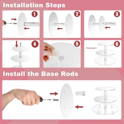 Vista 6 de Soporte redondo de 3 niveles para cupcakes, soporte de torre de acrílico para pasteles, estante de exhibición de macarons, galletas, dulces, bufé