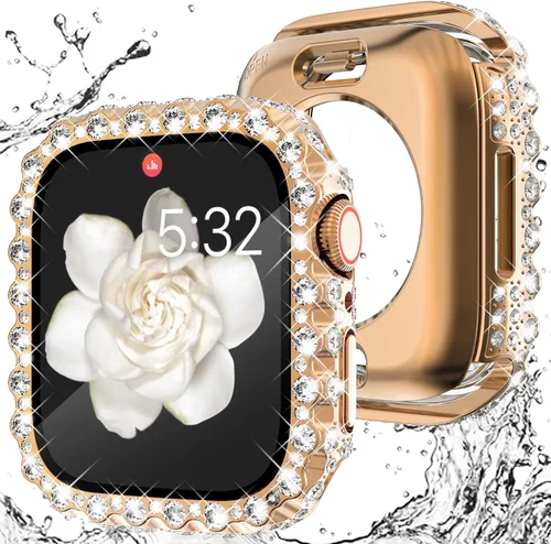 Vista 13 de Wingle 2 en 1 Funda impermeable para Apple Watch 40mm Protector de pantalla SE 3/2/1 Series 6 5 4, Bling Lace Edge Diamond Cara Cubierta Completa
