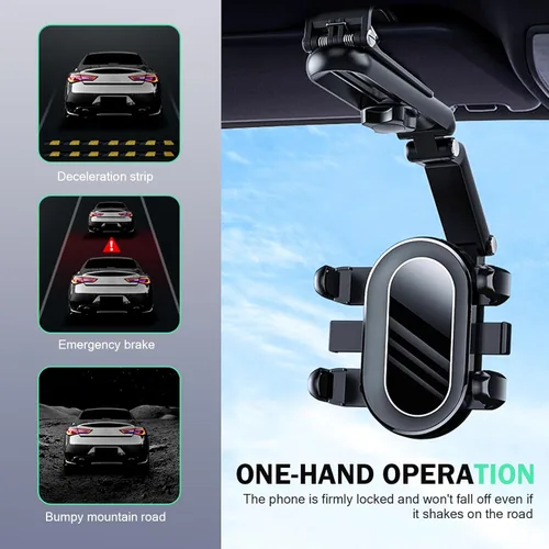 Vista 7 de Soporte para teléfono con visera solar, soporte de teléfono giratorio y retráctil de 360°, soporte multifuncional para espejo retrovisor