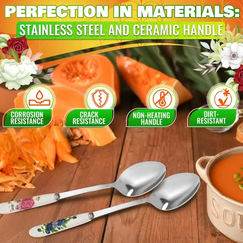 Vista 52 de Juego de 6 cucharas de café con mango de cerámica – Cucharas pequeñas de postre de 6.1" con diseño floral – Cuchara de acero inoxidable para té