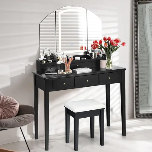 Vista 3 de CHARMAID Juego de tocador grande con espejo iluminado de tres pliegues, 3 modos de iluminación de color, 6 cajones, 12 compartimentos