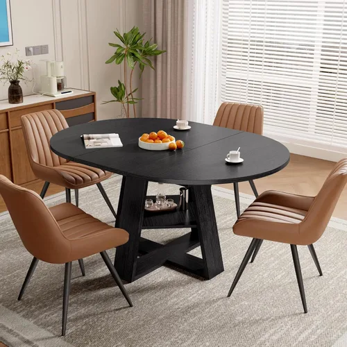 Vista 15 de Aivermel - Juego de mesa de comedor extensible redonda a ovalada para 4 a 6, mesa de cocina de madera con almacenamiento oculto y sillas tapizadas