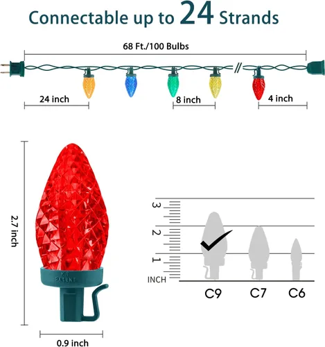 Vista 2 de Luces LED C9 de Navidad para exteriores, 68 pies, 100 luces LED C9 con 100 clips todo en uno, luces de árbol de Navidad impermeables conectables