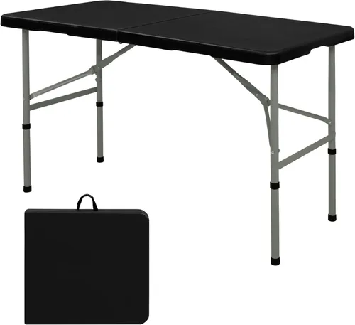 Vista 9 de Juego de 2 mesas plegables de 4 pies, mesa de camping portátil, de plástico resistente, rectangular, mesa de comedor al aire libre, patas de acero