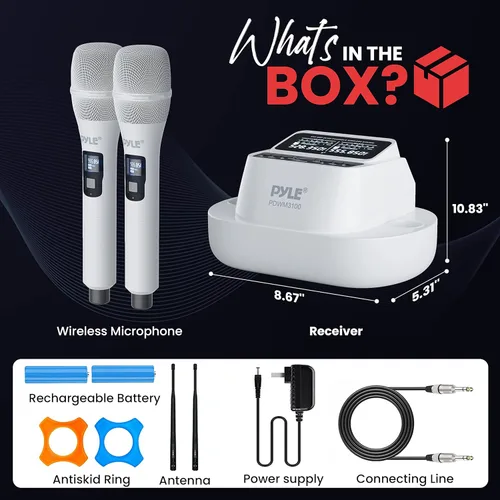 Vista 7 de Pyle Sistema de micrófono inalámbrico UHF - Receptor Bluetooth con 2 micrófonos de mano recargables, baterías de 1200 mAh, sonido claro