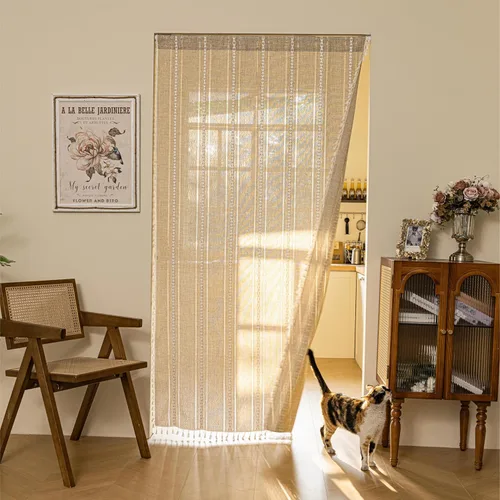 Vista 39 de Sutuo Home Cortinas de puerta francesa para puerta de patio, cortinas de lino semiopacas bohemias con borlas, tiras de granja a cuadros, decoración