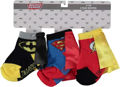 Vista 5 de DC Comics Justice League Baby Boys 3-Pack Booties - Batman Baby Socks with Superman and The Flash (3-Pack, 0-12 Months)