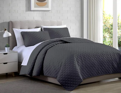 Vista 3 de Chezmoi Collection Thea - Juego de edredón de 3 piezas con patrón geométrico de cuadrilábrio, tamaño King, color gris oscuro