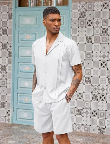 Vista 3 de COOFANDY Conjunto corto de 2 piezas para hombre, camisa con botones Guayabera, casual, trajes de playa de verano