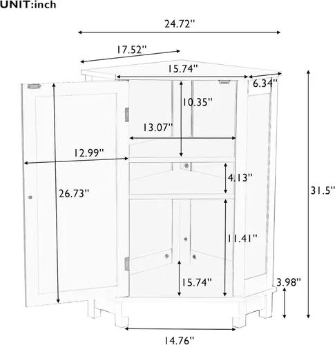 Vista 2 de Gabinete de baño blanco con gabinete de almacenamiento triangular, gabinete de almacenamiento de esquina, con estantes ajustables, estilo moderno.