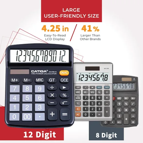 Vista 2 de CATIGA CD-2786 - Calculadora de escritorio de 12 dígitos con pantalla LCD grande y botón sensible, energía solar dual y batería, función estándar