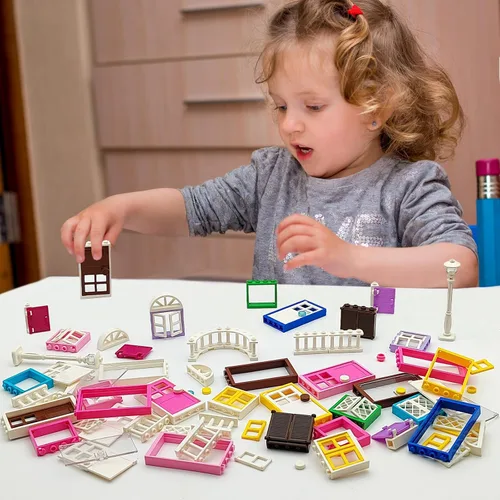 Vista 4 de 110 piezas de puertas, ventanas, cercas y luces para MOC, juego de bloques de construcción creativo para decorar casas de calle, compatible