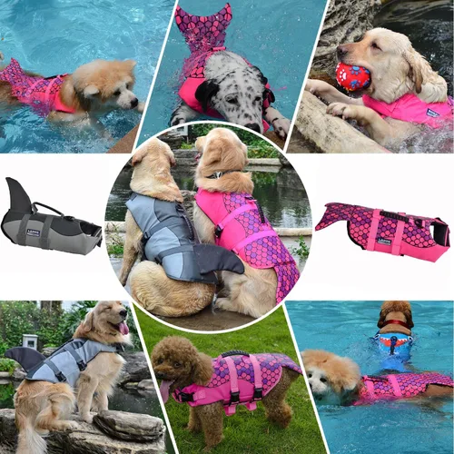 Vista 9 de Queenmore - Chaleco salvavidas para perros pequeños, medianos, grandes, estilo pescado, chaleco flotante con mango de goma suave ajustable, M