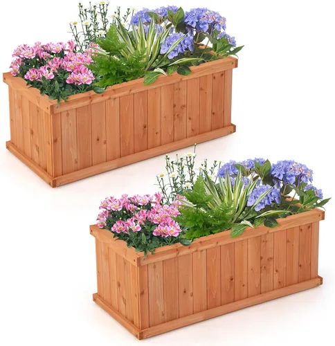Vista 14 de HAPPYGRILL Cama de jardín elevada de madera, maceta rectangular de madera de acacia natural con forro y drenaje para hierbas de flores vegetales