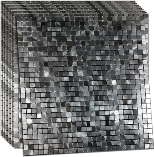 Vista 9 de XUANINY 10 piezas para despegar y pegar para cocina, panel de calcomanías de pared 3D de aluminio, azulejos de mosaico de metal autoadhesivo
