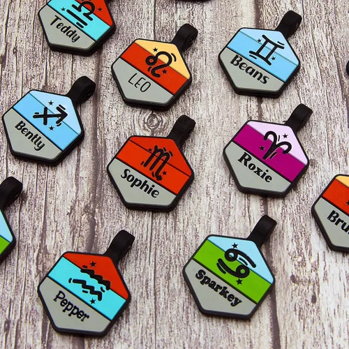 Vista 6 de Placa silenciosa para perro personalizada con 5 líneas de identificación de mascotas de silicona duradera y grabada profundamente, hexágono