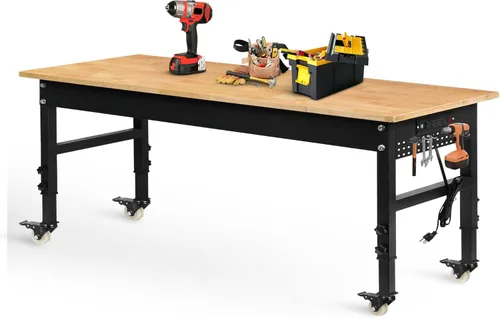 Vista 23 de Betterhood Banco de trabajo ajustable resistente de 48 pulgadas para garaje, mesa de taller de madera de caucho con almohadillas de goma, estación