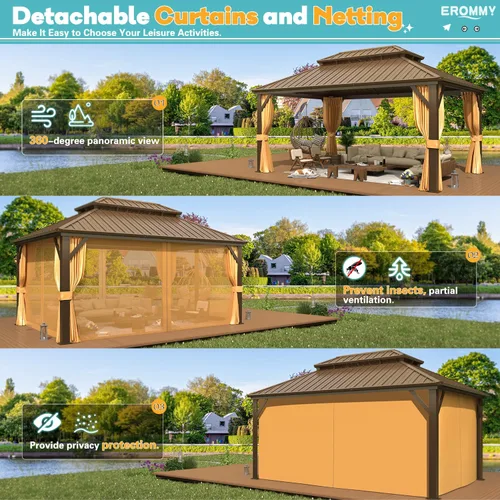 Vista 7 de EROMMY - Kiosco de techo rígido de 12 x 16 pies, kiosco de techo doble de acero galvanizado con marco de aluminio, permanente, de metal