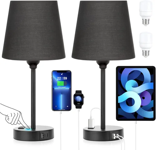 Vista 12 de Acaxin Juego de 2 lámparas de noche blancas para dormitorio, pantalla plisada blanca con puertos de carga USB, lámparas táctiles para mesita