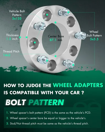 Vista 3 de SCITOO 4 adaptadores de rueda de 5 x 135 a 5 x 5.5 pulgadas, orificio de 1.5 pulgadas, pernos de 3.429 in, 14 x 2 5 lengüetas, espaciadores de rueda