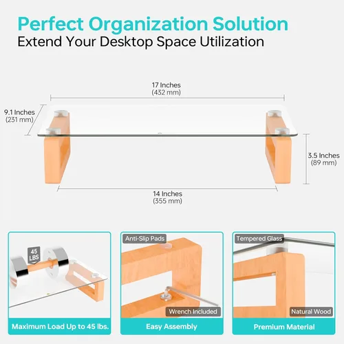 Vista 5 de YEOUX Soporte de escritorio multiusos, elevador flotante transparente para monitor de computadora con base de madera natural, estante