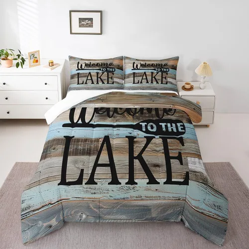 Vista 11 de Manfei Juego de edredón con temática de lago, tamaño individual, juego de ropa de cama rústica de 2 piezas para niños, adolescentes, decoración