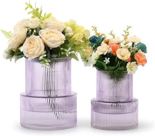 Vista 36 de Jarrones de vidrio acanalado, juego de 2 jarrones estriados para flores, florero de vidrio ámbar para tulipanes, jarrón moderno para sala de estar